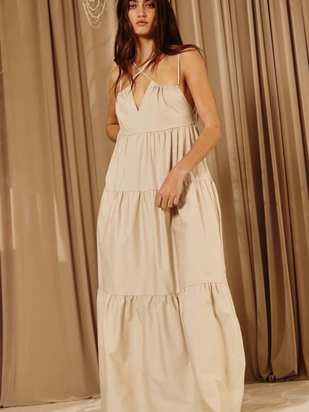 BUCKETLIST Strappy Tiered Maxi Dress in Beige